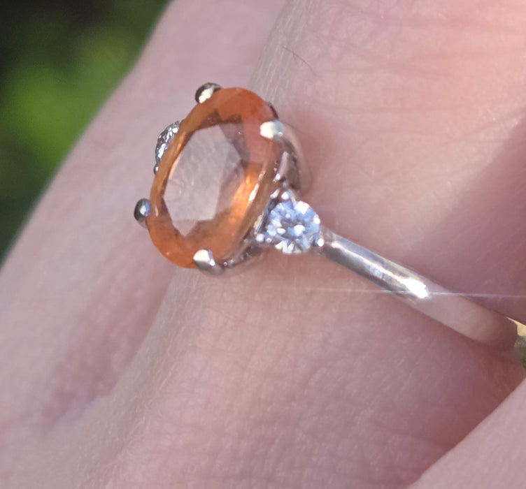 3015: Vintage 18ct White Gold Orange Sapphire Diamonds 3-Stone Ring