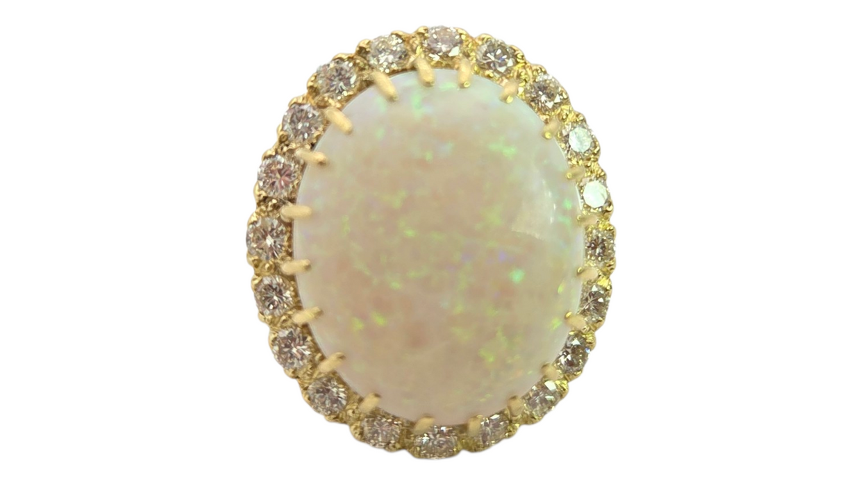 3136 Vintage: 18ct Yellow Gold 13.27ct White Opal & 1.40ct Diamond Oval Cluster Ring
