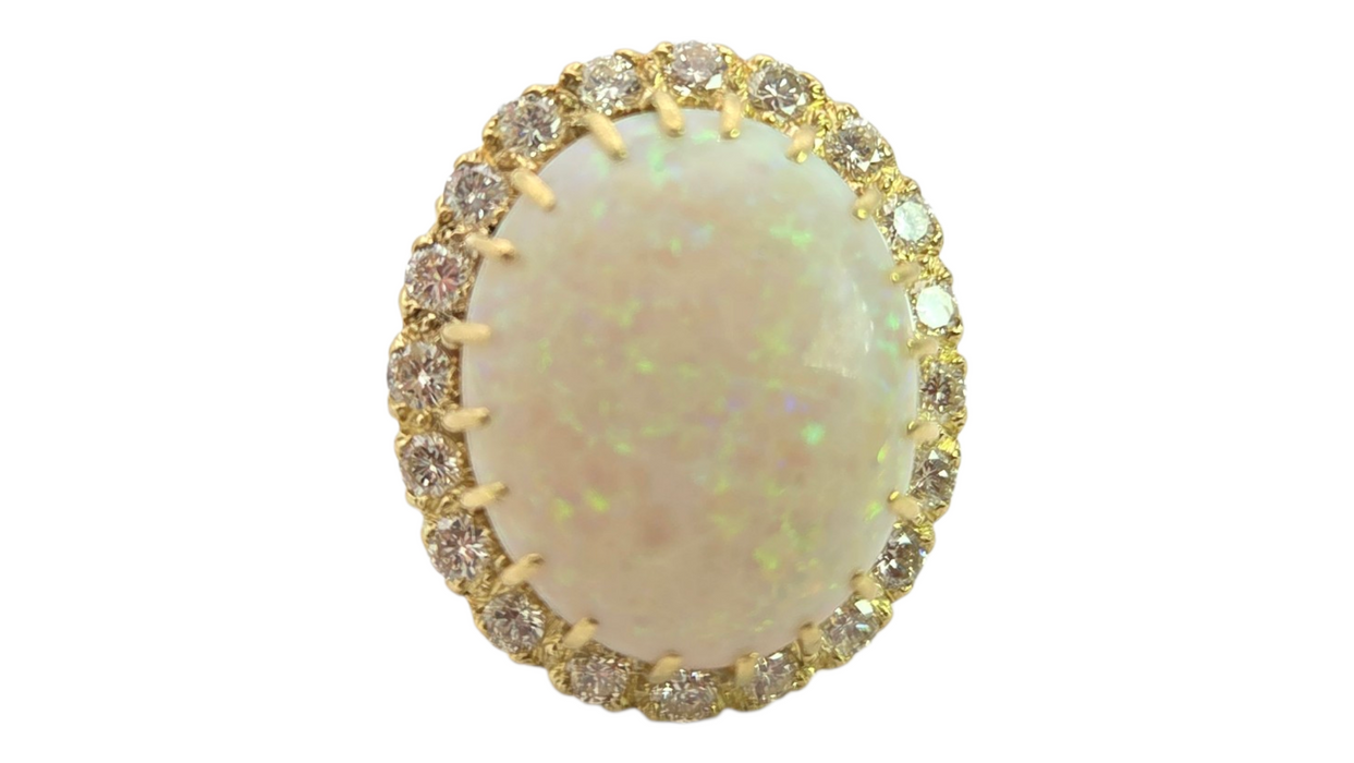 3136 Vintage: 18ct Yellow Gold 13.27ct White Opal & 1.40ct Diamond Oval Cluster Ring