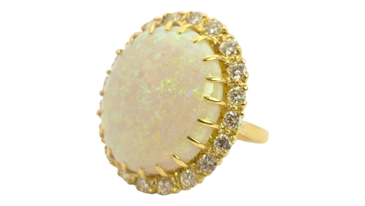 3136 Vintage: 18ct Yellow Gold 13.27ct White Opal & 1.40ct Diamond Oval Cluster Ring