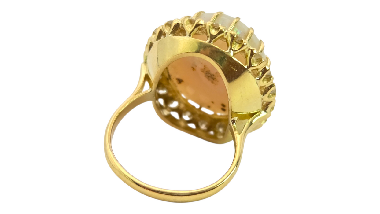 3136 Vintage: 18ct Yellow Gold 13.27ct White Opal & 1.40ct Diamond Oval Cluster Ring