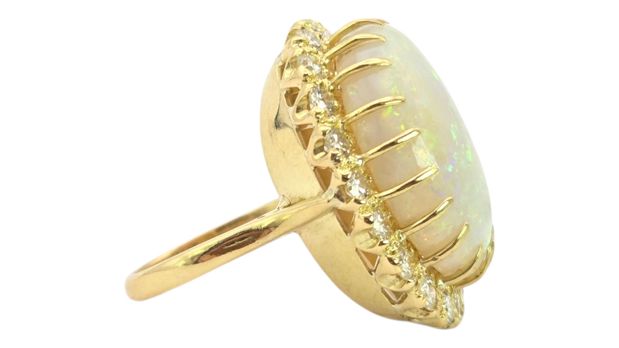 3136 Vintage: 18ct Yellow Gold 13.27ct White Opal & 1.40ct Diamond Oval Cluster Ring