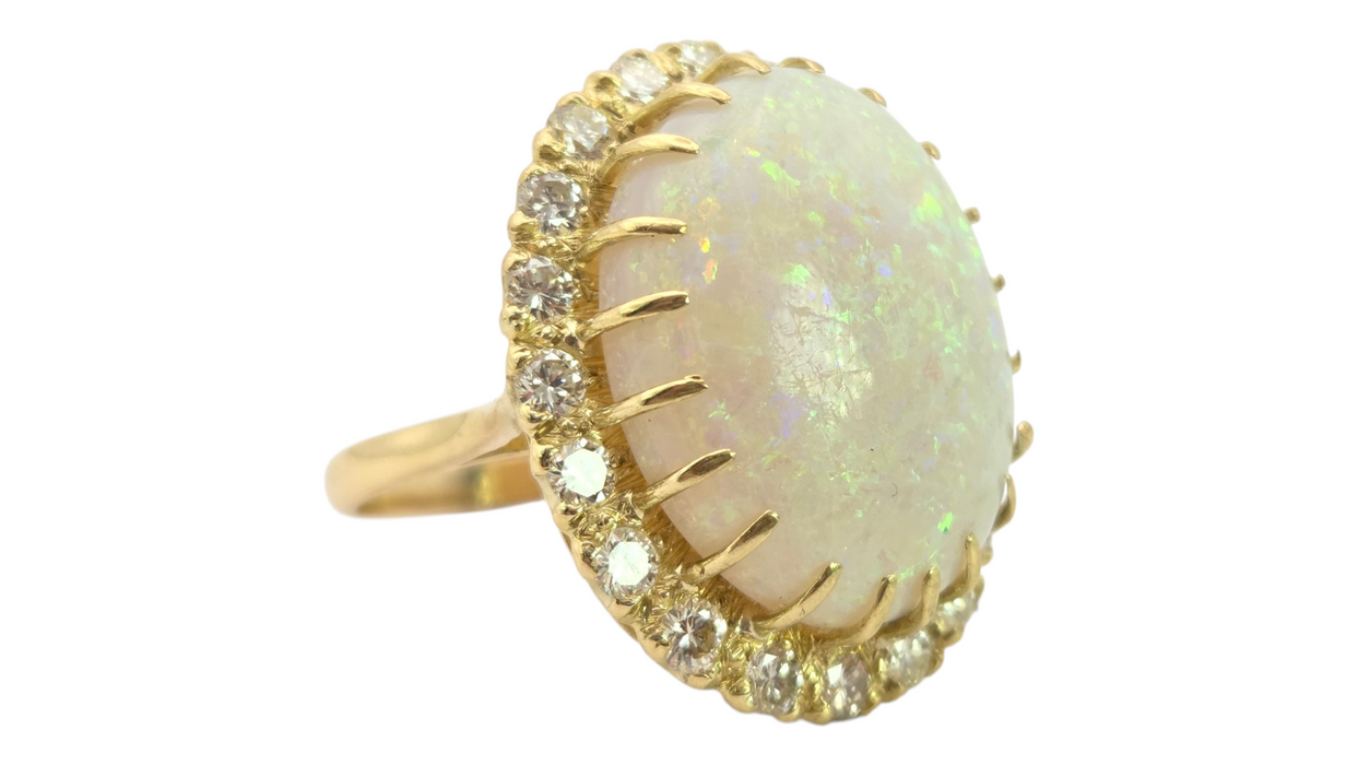 3136 Vintage: 18ct Yellow Gold 13.27ct White Opal & 1.40ct Diamond Oval Cluster Ring