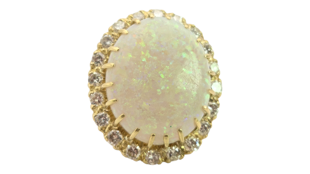 3136 Vintage: 18ct Yellow Gold 13.27ct White Opal & 1.40ct Diamond Oval Cluster Ring