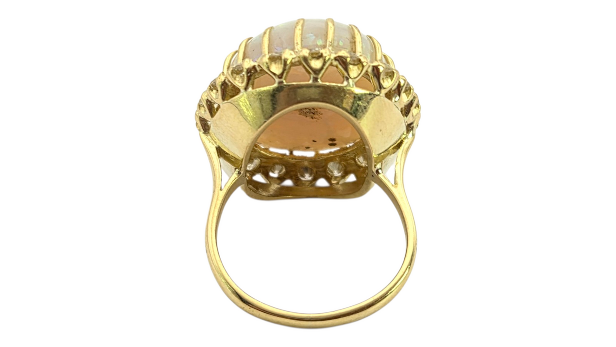 3136 Vintage: 18ct Yellow Gold 13.27ct White Opal & 1.40ct Diamond Oval Cluster Ring