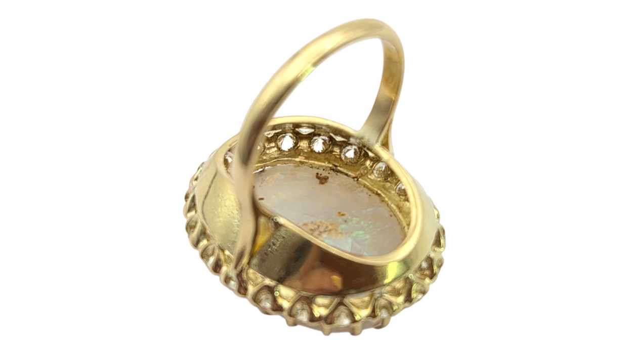 3136 Vintage: 18ct Yellow Gold 13.27ct White Opal & 1.40ct Diamond Oval Cluster Ring