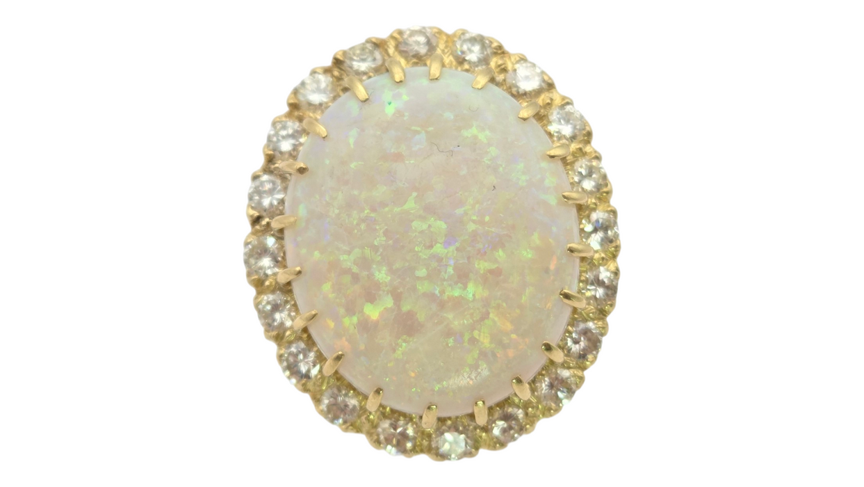 3136 Vintage: 18ct Yellow Gold 13.27ct White Opal & 1.40ct Diamond Oval Cluster Ring