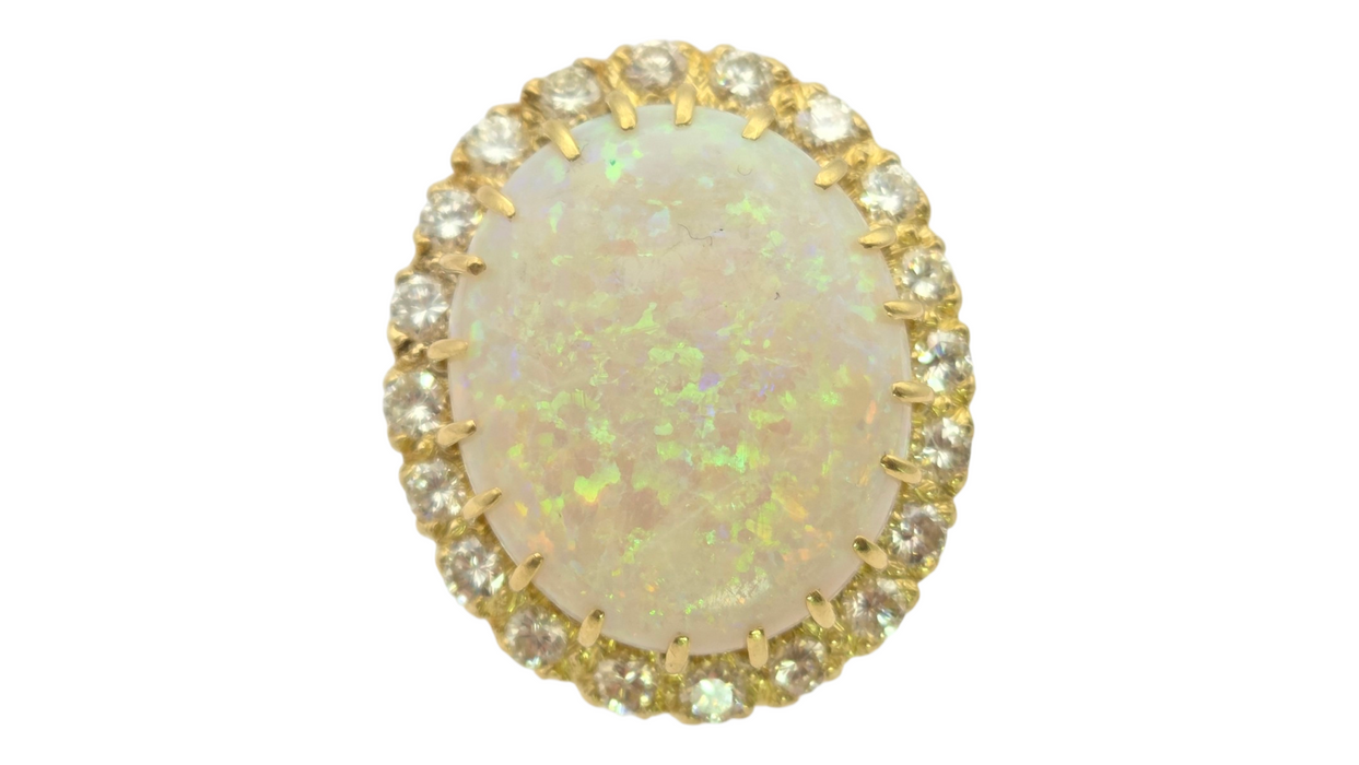3136 Vintage: 18ct Yellow Gold 13.27ct White Opal & 1.40ct Diamond Oval Cluster Ring