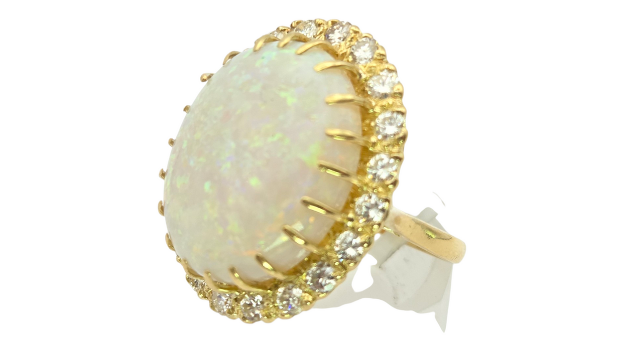 3136 Vintage: 18ct Yellow Gold 13.27ct White Opal & 1.40ct Diamond Oval Cluster Ring
