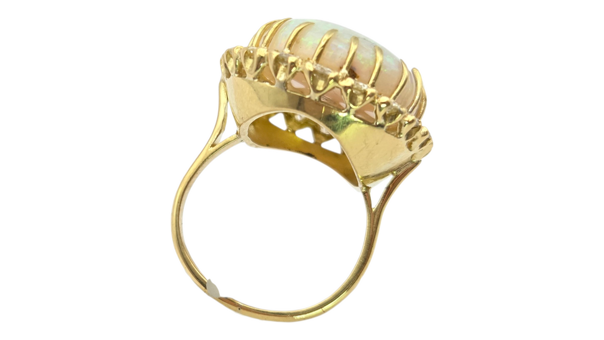 3136 Vintage: 18ct Yellow Gold 13.27ct White Opal & 1.40ct Diamond Oval Cluster Ring