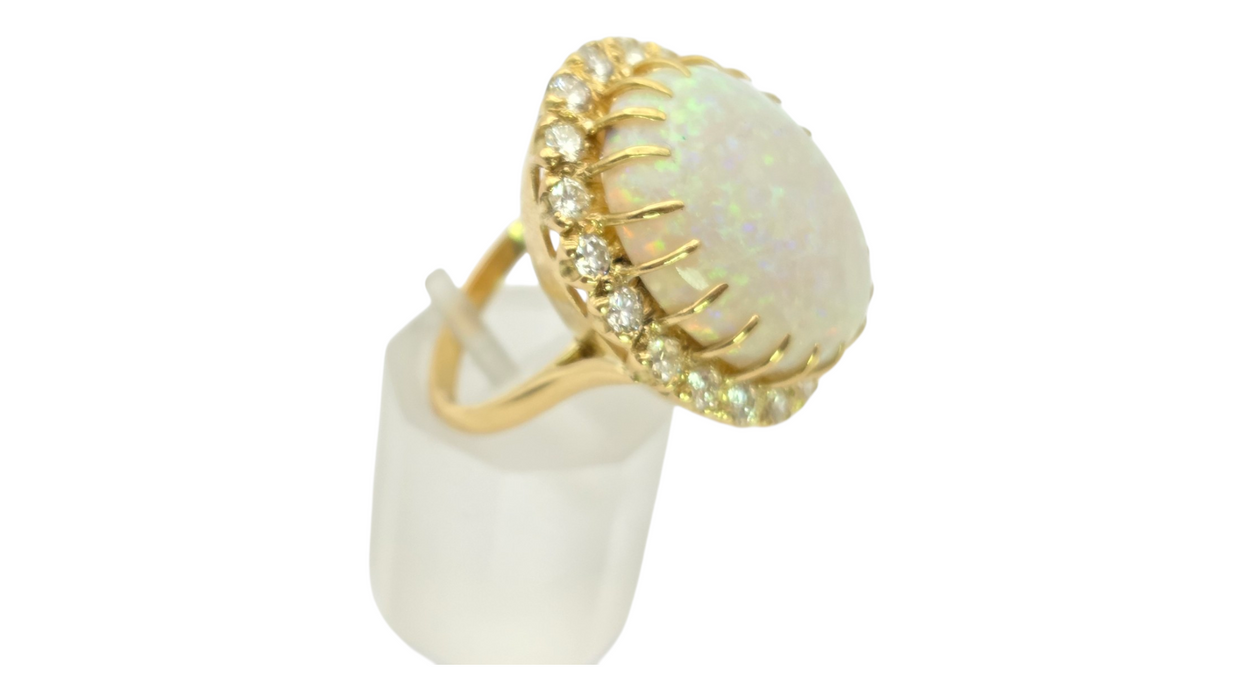 3136 Vintage: 18ct Yellow Gold 13.27ct White Opal & 1.40ct Diamond Oval Cluster Ring