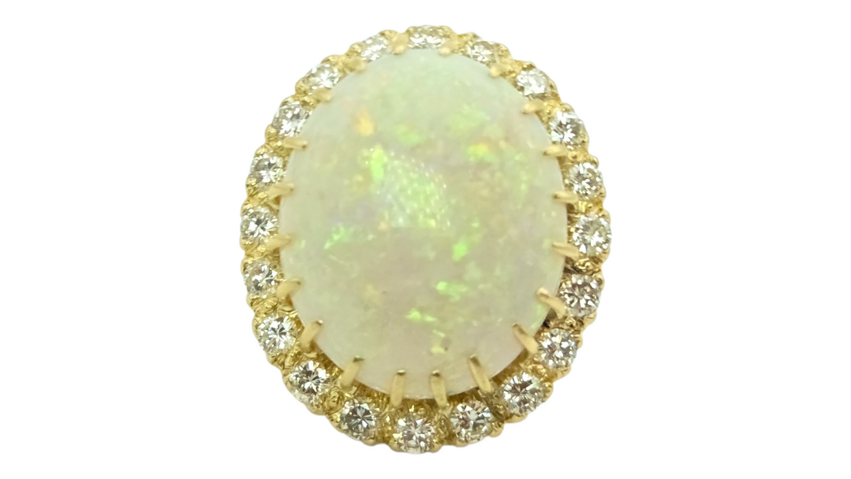 3136 Vintage: 18ct Yellow Gold 13.27ct White Opal & 1.40ct Diamond Oval Cluster Ring