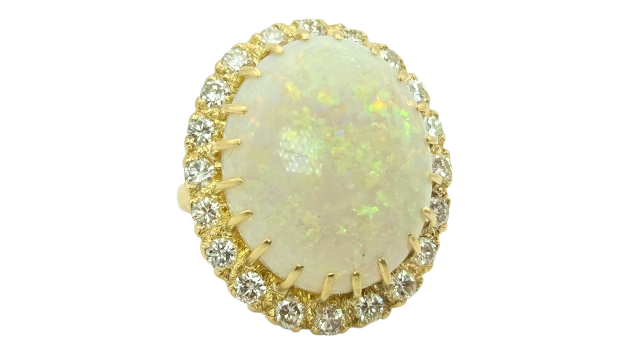 3136 Vintage: 18ct Yellow Gold 13.27ct White Opal & 1.40ct Diamond Oval Cluster Ring