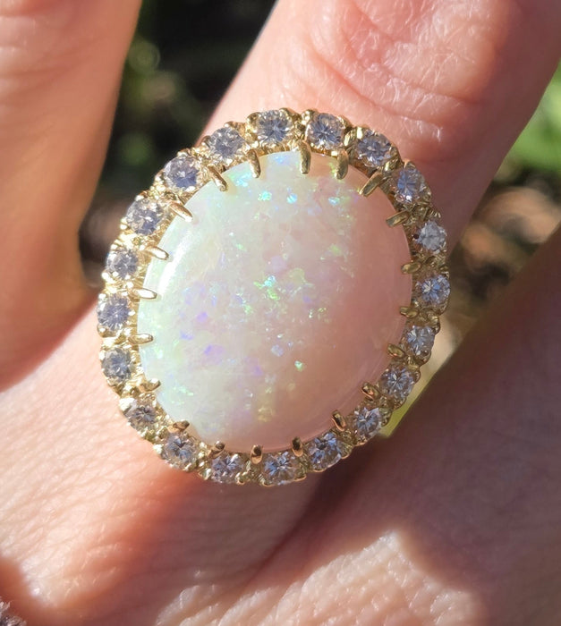3136 Vintage: 18ct Yellow Gold 13.27ct White Opal & 1.40ct Diamond Oval Cluster Ring