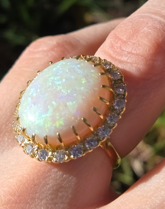 3136 Vintage: 18ct Yellow Gold 13.27ct White Opal & 1.40ct Diamond Oval Cluster Ring