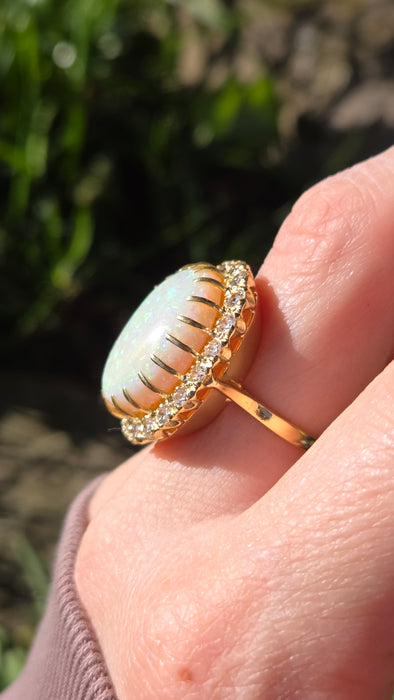 3136 Vintage: 18ct Yellow Gold 13.27ct White Opal & 1.40ct Diamond Oval Cluster Ring