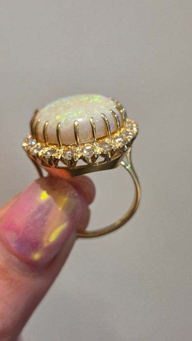 3136 Vintage: 18ct Yellow Gold 13.27ct White Opal & 1.40ct Diamond Oval Cluster Ring