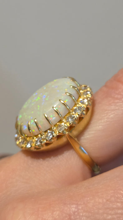 3136 Vintage: 18ct Yellow Gold 13.27ct White Opal & 1.40ct Diamond Oval Cluster Ring