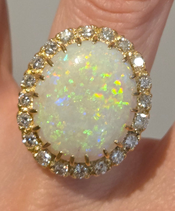 3136 Vintage: 18ct Yellow Gold 13.27ct White Opal & 1.40ct Diamond Oval Cluster Ring