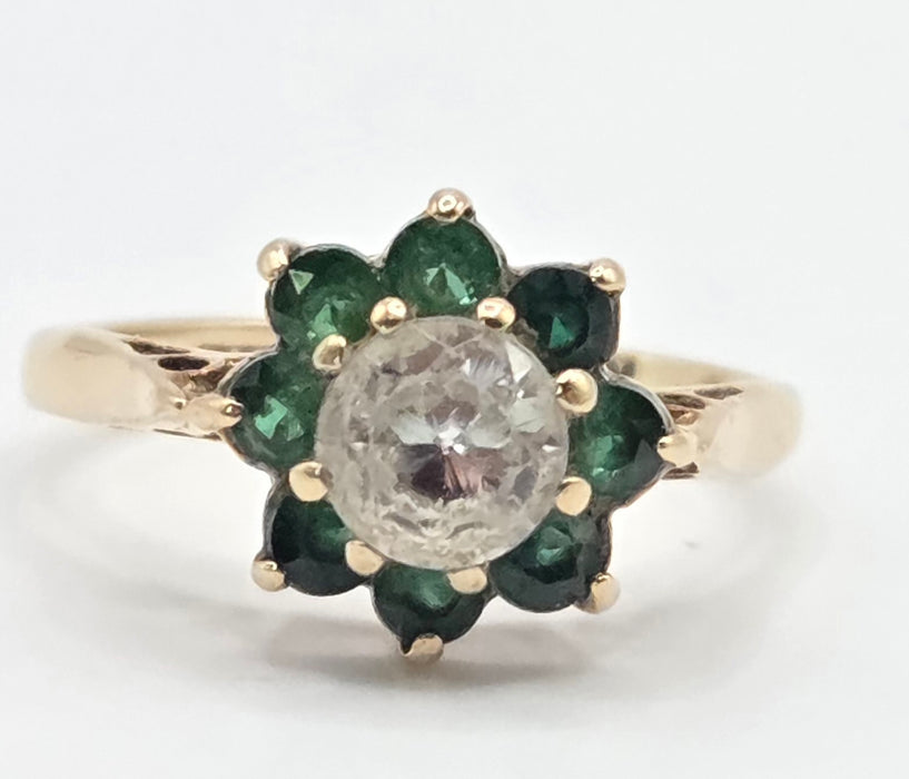 3189 Vintage: 9ct Yellow Gold Green Diopside & White Spinel Cluster Ring — From 1973