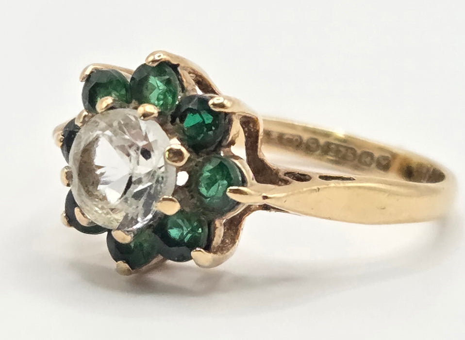 3189 Vintage: 9ct Yellow Gold Green Diopside & White Spinel Cluster Ring — From 1973
