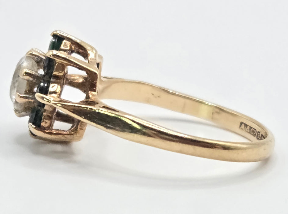 3189 Vintage: 9ct Yellow Gold Green Diopside & White Spinel Cluster Ring — From 1973