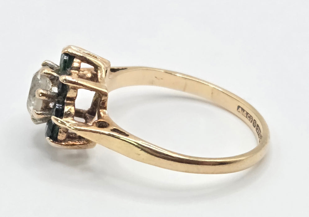 3189 Vintage: 9ct Yellow Gold Green Diopside & White Spinel Cluster Ring — From 1973