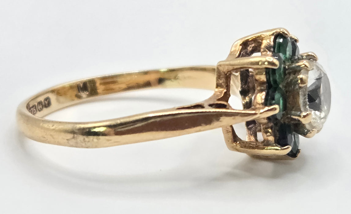 3189 Vintage: 9ct Yellow Gold Green Diopside & White Spinel Cluster Ring — From 1973