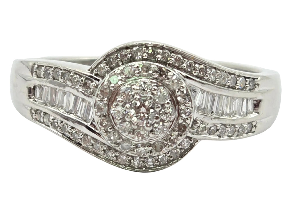 3162 Vintage: Platinum Diamond Round Cluster & Baguette Ring