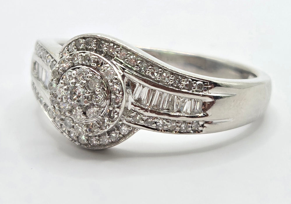 3162 Vintage: Platinum Diamond Round Cluster & Baguette Ring