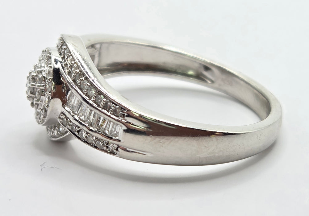 3162 Vintage: Platinum Diamond Round Cluster & Baguette Ring