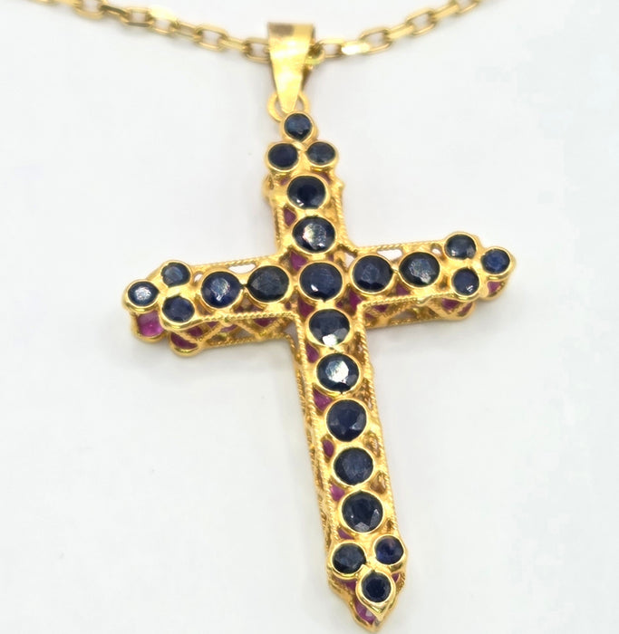 3163 Vintage: 18ct Yellow Gold Ruby & Sapphire Double Sided Cross Pendant & Chain