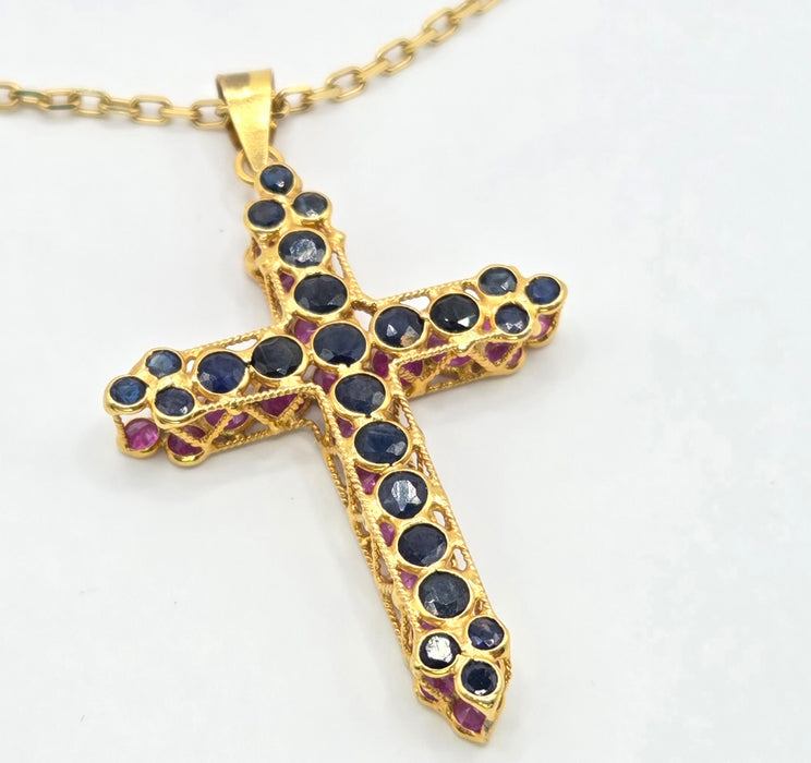 3163 Vintage: 18ct Yellow Gold Ruby & Sapphire Double Sided Cross Pendant & Chain