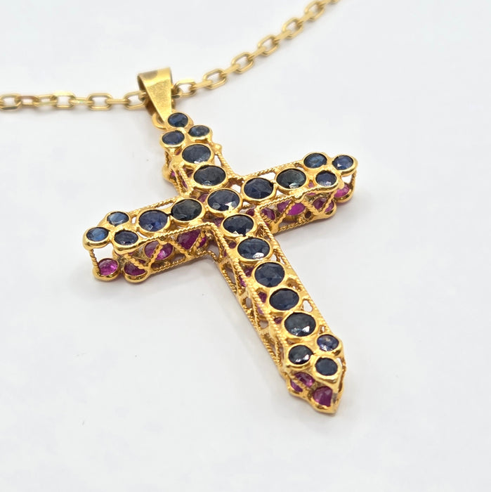 3163 Vintage: 18ct Yellow Gold Ruby & Sapphire Double Sided Cross Pendant & Chain
