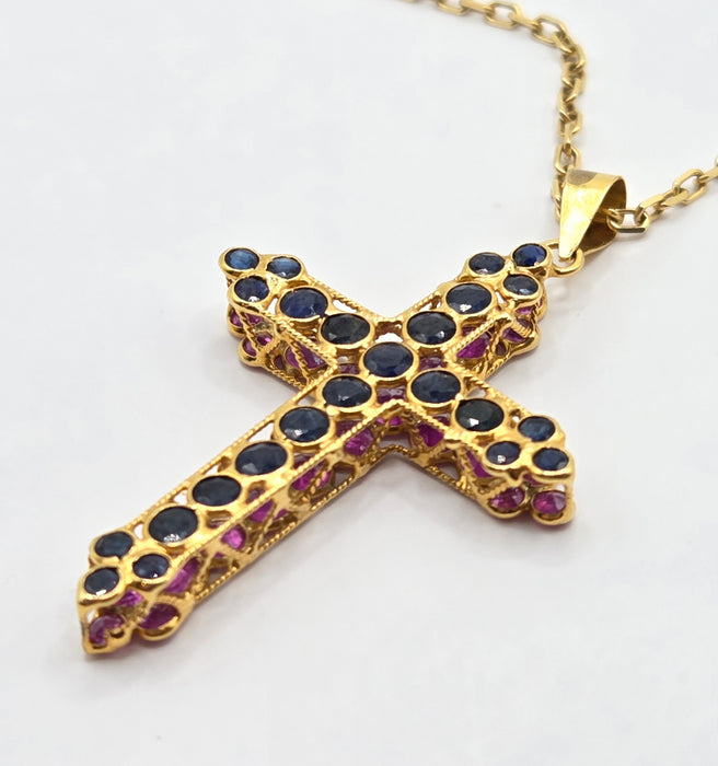 3163 Vintage: 18ct Yellow Gold Ruby & Sapphire Double Sided Cross Pendant & Chain