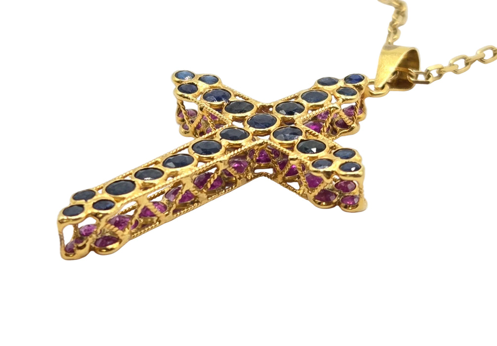 3163 Vintage: 18ct Yellow Gold Ruby & Sapphire Double Sided Cross Pendant & Chain