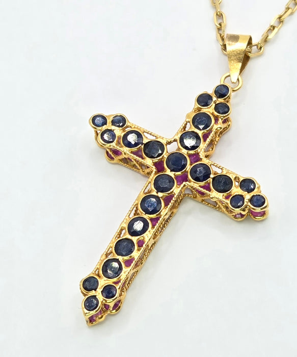 3163 Vintage: 18ct Yellow Gold Ruby & Sapphire Double Sided Cross Pendant & Chain