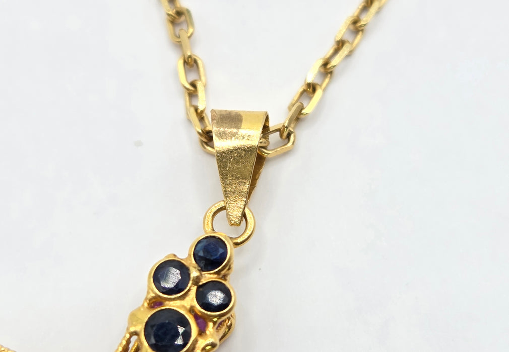 3163 Vintage: 18ct Yellow Gold Ruby & Sapphire Double Sided Cross Pendant & Chain