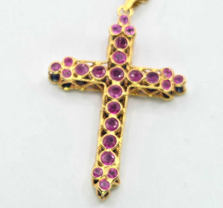 3163 Vintage: 18ct Yellow Gold Ruby & Sapphire Double Sided Cross Pendant & Chain