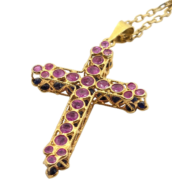 3163 Vintage: 18ct Yellow Gold Ruby & Sapphire Double Sided Cross Pendant & Chain