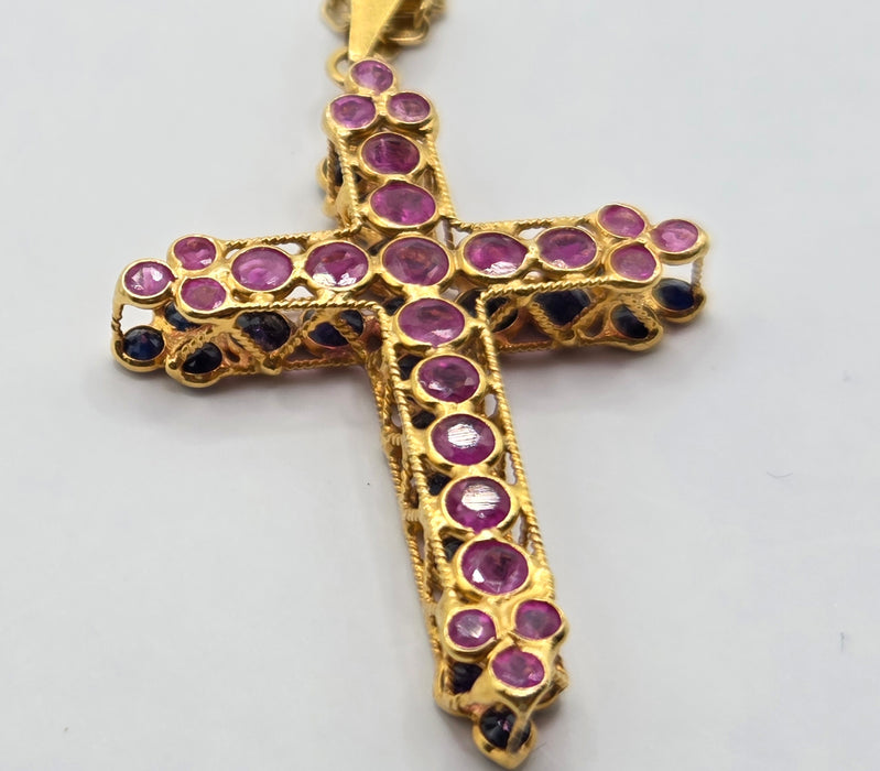 3163 Vintage: 18ct Yellow Gold Ruby & Sapphire Double Sided Cross Pendant & Chain