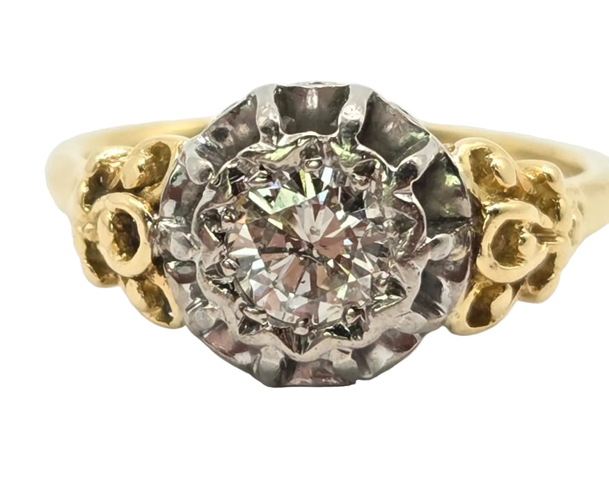 3168 Vintage: 18ct Yellow Gold & Platinum Diamond Solitaire Scrollwork Ring
