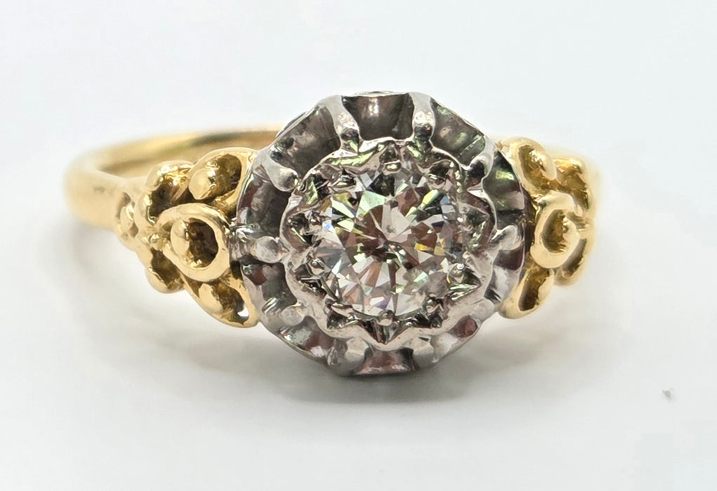 3168 Vintage: 18ct Yellow Gold & Platinum Diamond Solitaire Scrollwork Ring