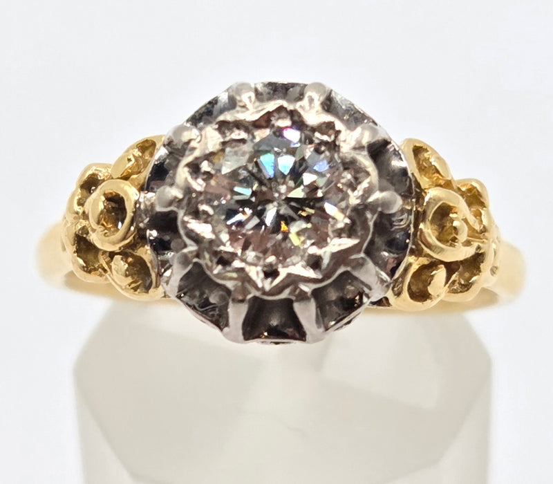 3168 Vintage: 18ct Yellow Gold & Platinum Diamond Solitaire Scrollwork Ring