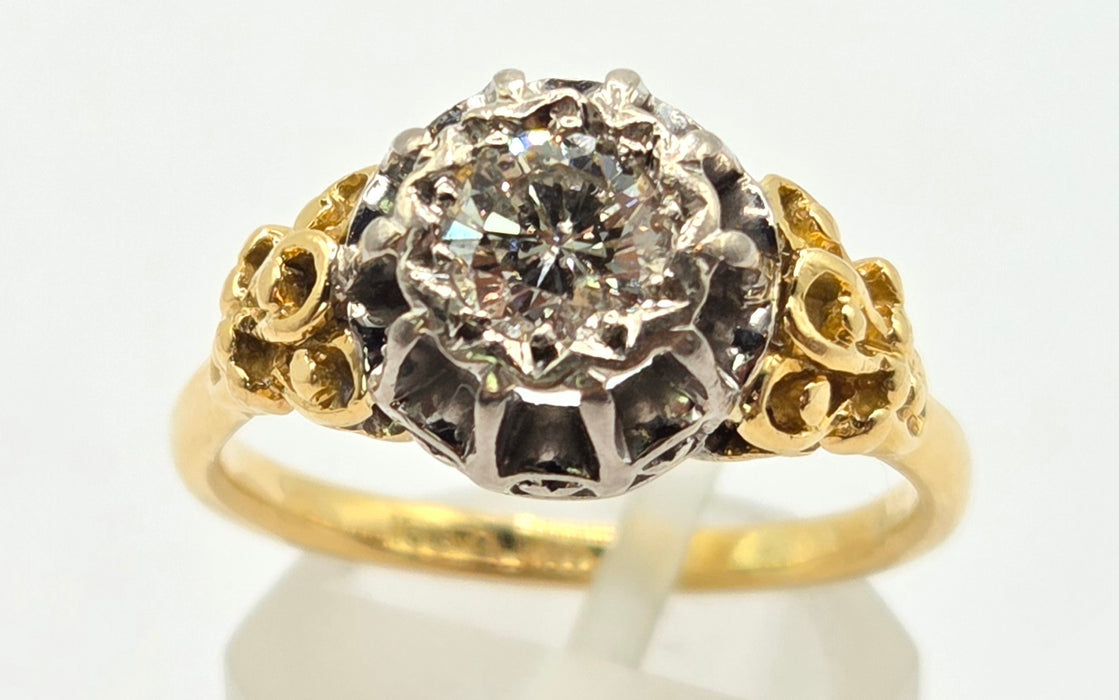 3168 Vintage: 18ct Yellow Gold & Platinum Diamond Solitaire Scrollwork Ring
