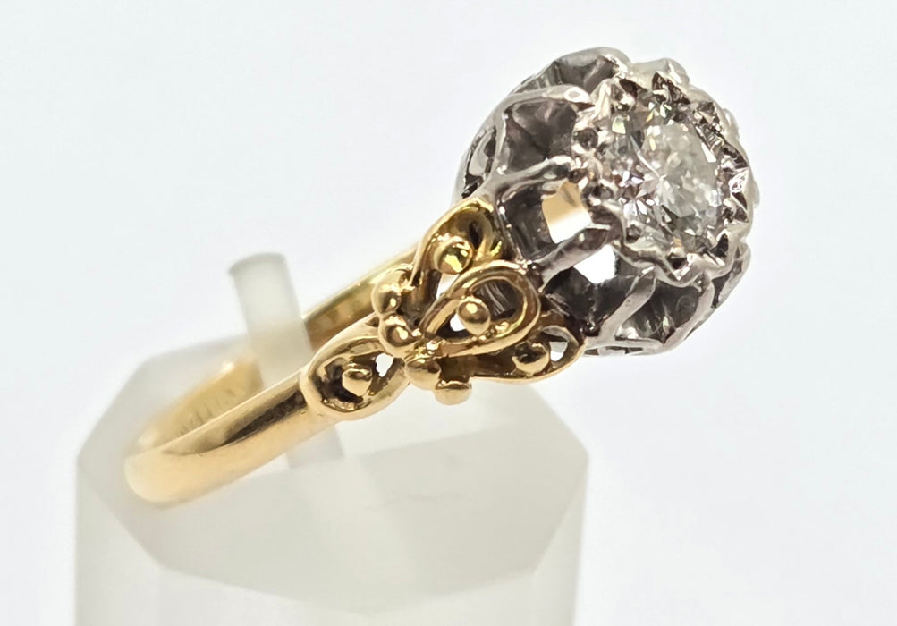 3168 Vintage: 18ct Yellow Gold & Platinum Diamond Solitaire Scrollwork Ring