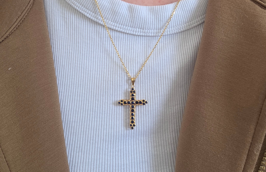 3163 Vintage: 18ct Yellow Gold Ruby & Sapphire Double Sided Cross Pendant & Chain