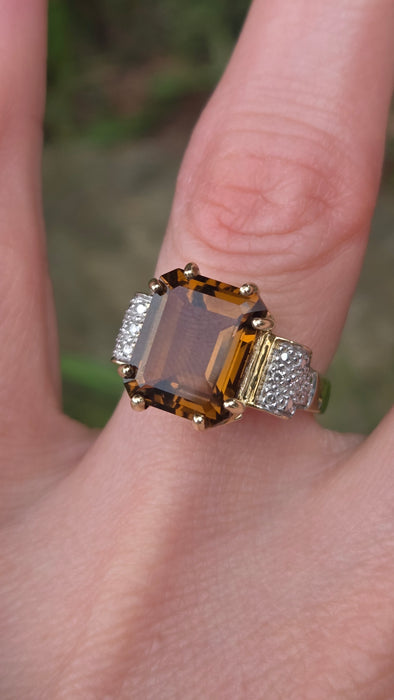 3190 Vintage: 9ct Yellow Gold Smoky Quartz & Diamond Cocktail Ring — From 1981