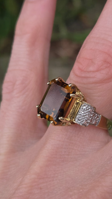 3190 Vintage: 9ct Yellow Gold Smoky Quartz & Diamond Cocktail Ring — From 1981
