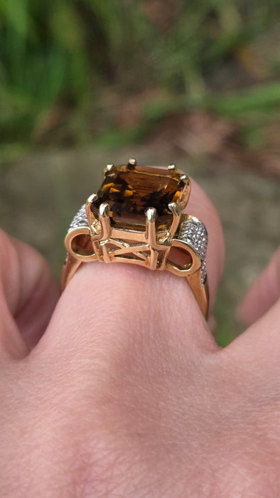 3190 Vintage: 9ct Yellow Gold Smoky Quartz & Diamond Cocktail Ring — From 1981